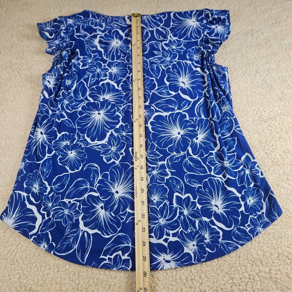 Anne Klein AK Womens Large Blue Floral Blouse Top Flutter Sleeve Tropical - Picture 10 of 10
